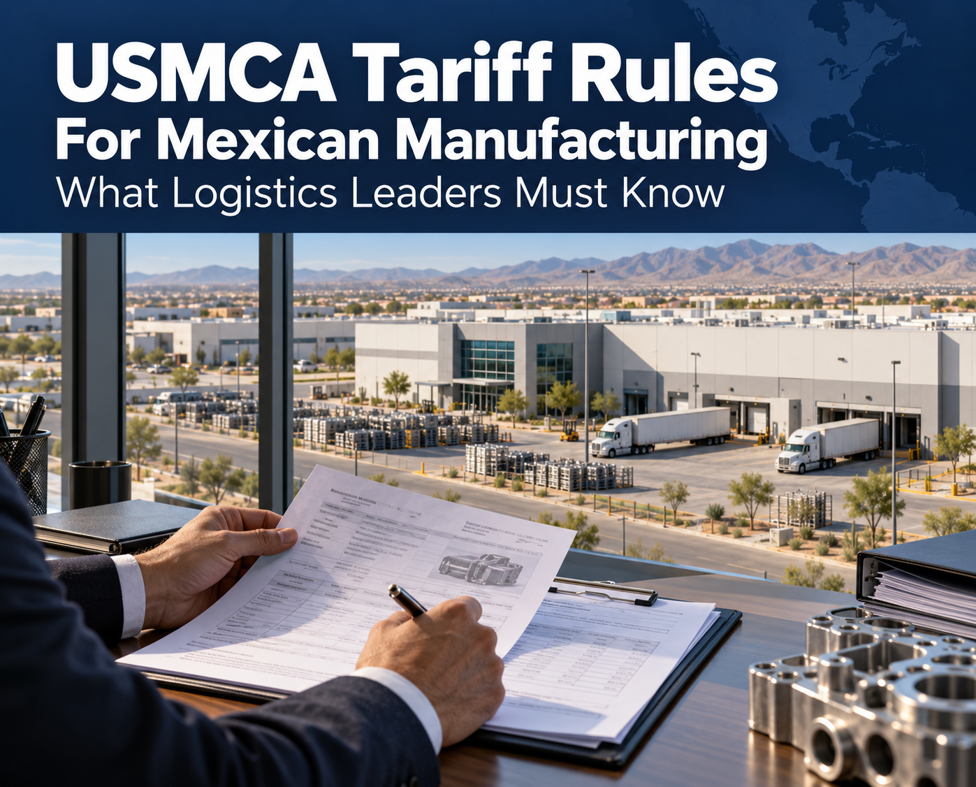 Logistics professional reviewing shipment documents overlooking a Mexican manufacturing facility and freight trucks