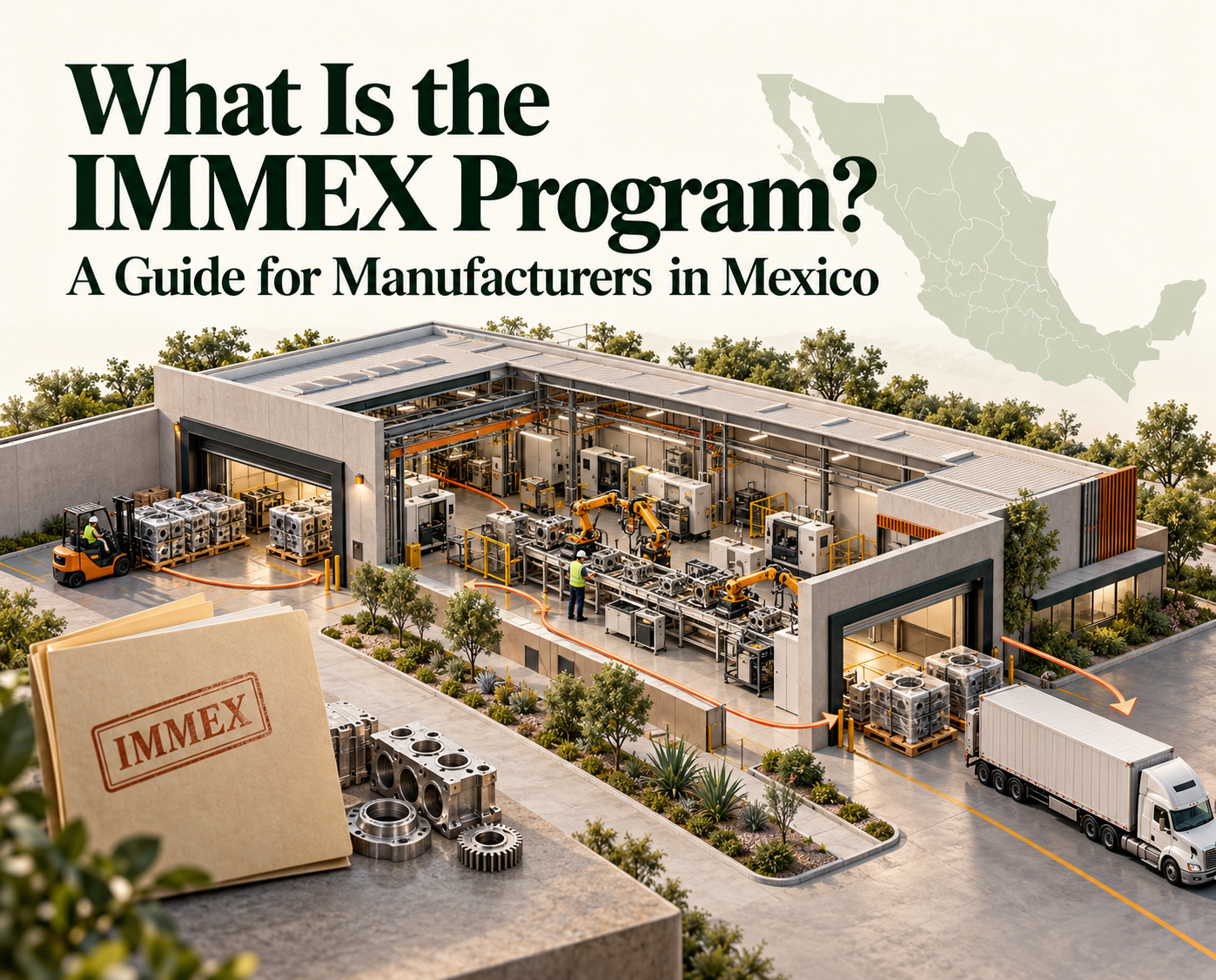 Illustration of a Mexican manufacturing facility with an assembly line, freight truck, and IMMEX document folder.